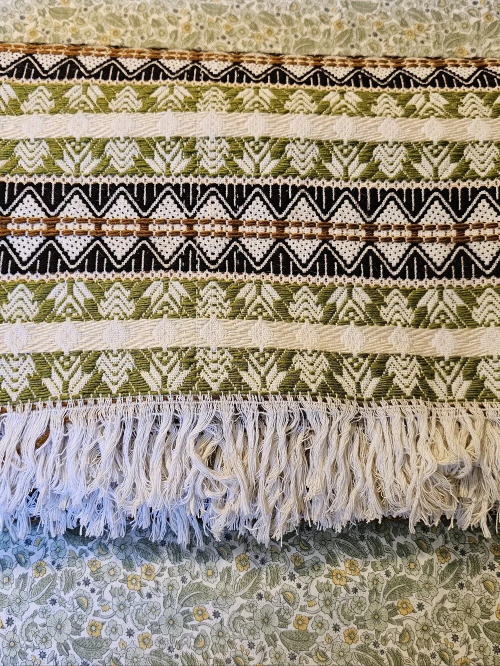 Vintage 70s Handwoven Cotton Geometric Queen Blanket Coverlet